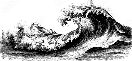Vintage ocean wave illustration featuring breaking crest for design use