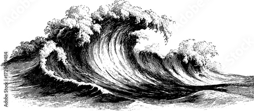 Dramatic ocean wave breaking crest in vintage hand-drawn style for nautical designs