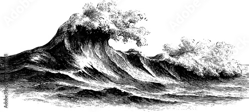Vintage ocean wave with breaking crest - hand drawn engraving for nautical design