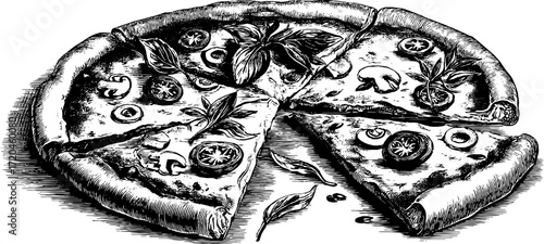 Delicious pizza slices with toppings sketch - perfect for retro design and culinary themes