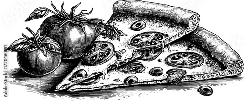 Vintage hand-drawn pizza illustration with tomatoes and toppings for retro design