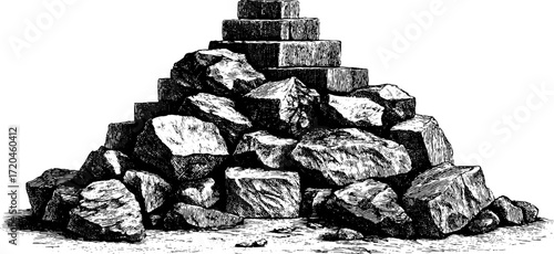 Vintage pyramid engraving with stone blocks illustration for design projects