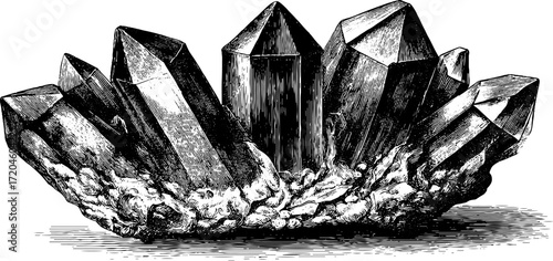 Vintage hand drawn illustration of sharp pyramidal crystal formation with engraved details for retro design