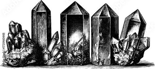 Vintage illustration of quartz crystal forms for design and decoration