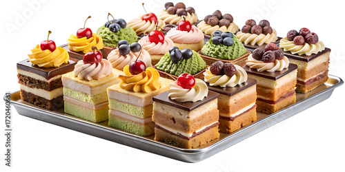Selection of exquisite petit fours on a silver tray isolated on transparent background, showcasing diverse flavors and elegant decorations for special occasions