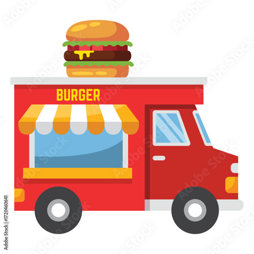 A cartoon food truck with a burger on top and BURGER sign