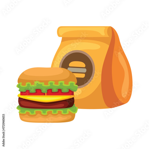 A cartoon hamburger and a yellow takeout bag with a hamburger logo