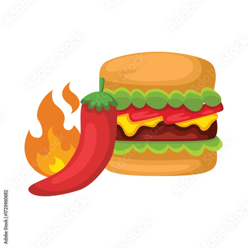 A cartoon hamburger next to a red chili pepper with flames