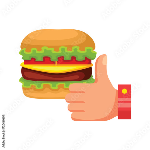 A cartoon hamburger with a thumbsup hand gesture