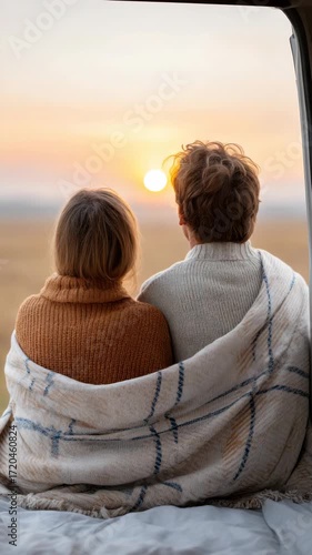 Cozy couple watching sunrise from van interior: embracing tranquility and warmth outdoors