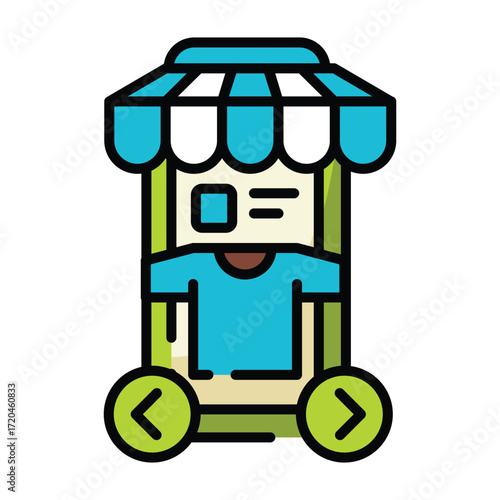 A cartoon icon of a mobile store with a blue awning and a tshirt