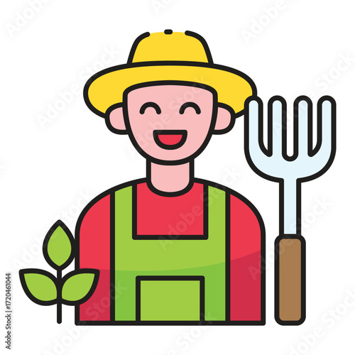 A cartoon farmer wears a yellow hat and green overalls