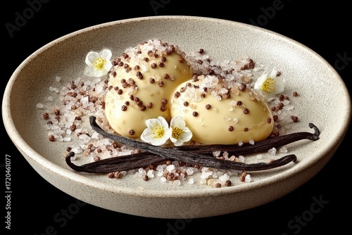 Indulge in a unique culinary masterpiece showcasing creamy vanilla dessert artfully garnished with coarse salt and delicate blossoms, epitomizing exquisite gastronomy and aesthetic pleasure