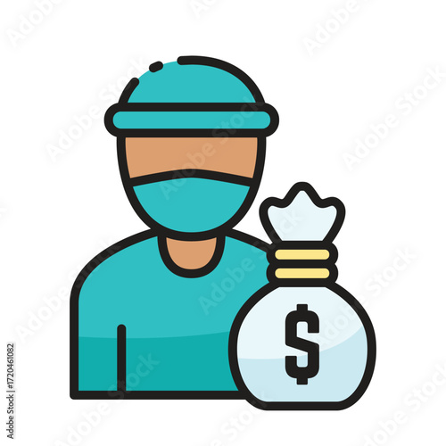 A cartoon figure in scrubs holds a money bag