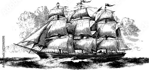 Vintage sailing ship with full sails in ocean waves - hand drawn nautical illustration for design