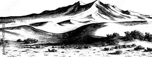 Vintage engraved landscape of sand dunes and mountains