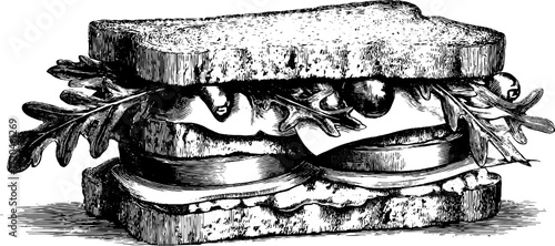 Vintage hand drawn sandwich illustration detailing stacked layers for retro design