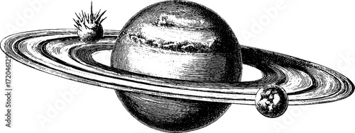 Vintage hand drawn saturn with rings detailed illustration for retro design