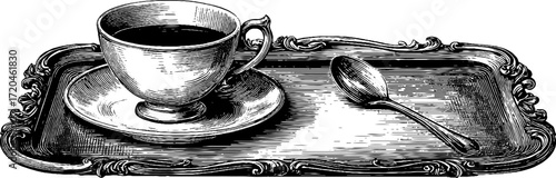 Vintage hand-drawn illustration of rectangular serving tray with teacup and spoon for retro kitchen decor