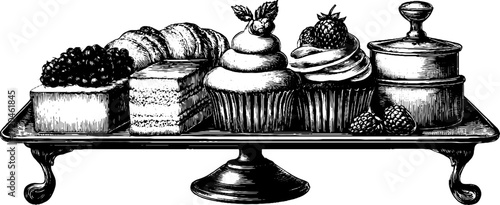 Vintage serving tray with assorted desserts hand drawn design for retro kitchen decor