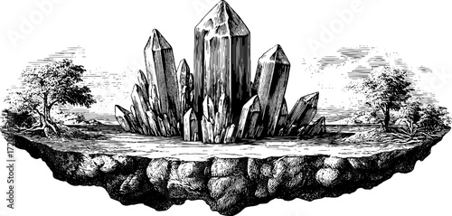 Vintage sketch of stalagmite formation in cave for retro design and poster art