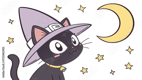 Cute black cat witch with hat vector illustration for halloween and magical theme designs and clip art
