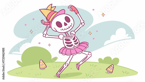 Cute dancing skeleton halloween costume party trick or treat spooky season kawaii vector illustration design