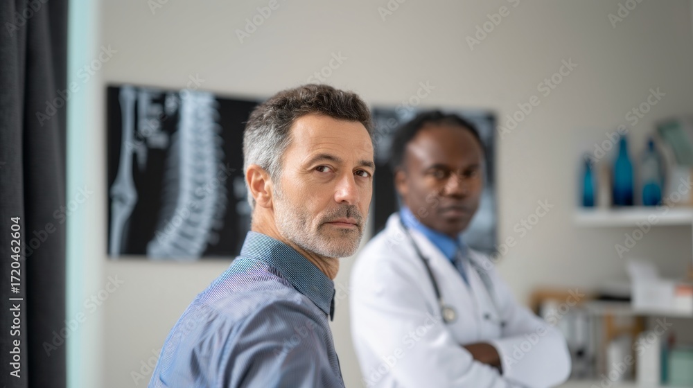 Obraz premium Medical consultation for lumbar disc herniation with patient and doctor interaction in a clinical setting. Orthopedic, rehabilitation, pain, therapy, medicine, spine. 