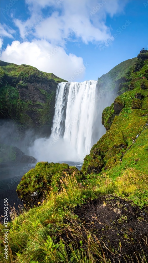 Fototapeta premium Majestic Waterfall Cascading Down Mossy Cliffs Under Blue Sky