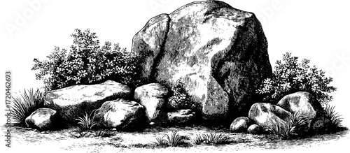 Vintage engraved illustration of a rocky natural scene with stone patterns for design and decorative use