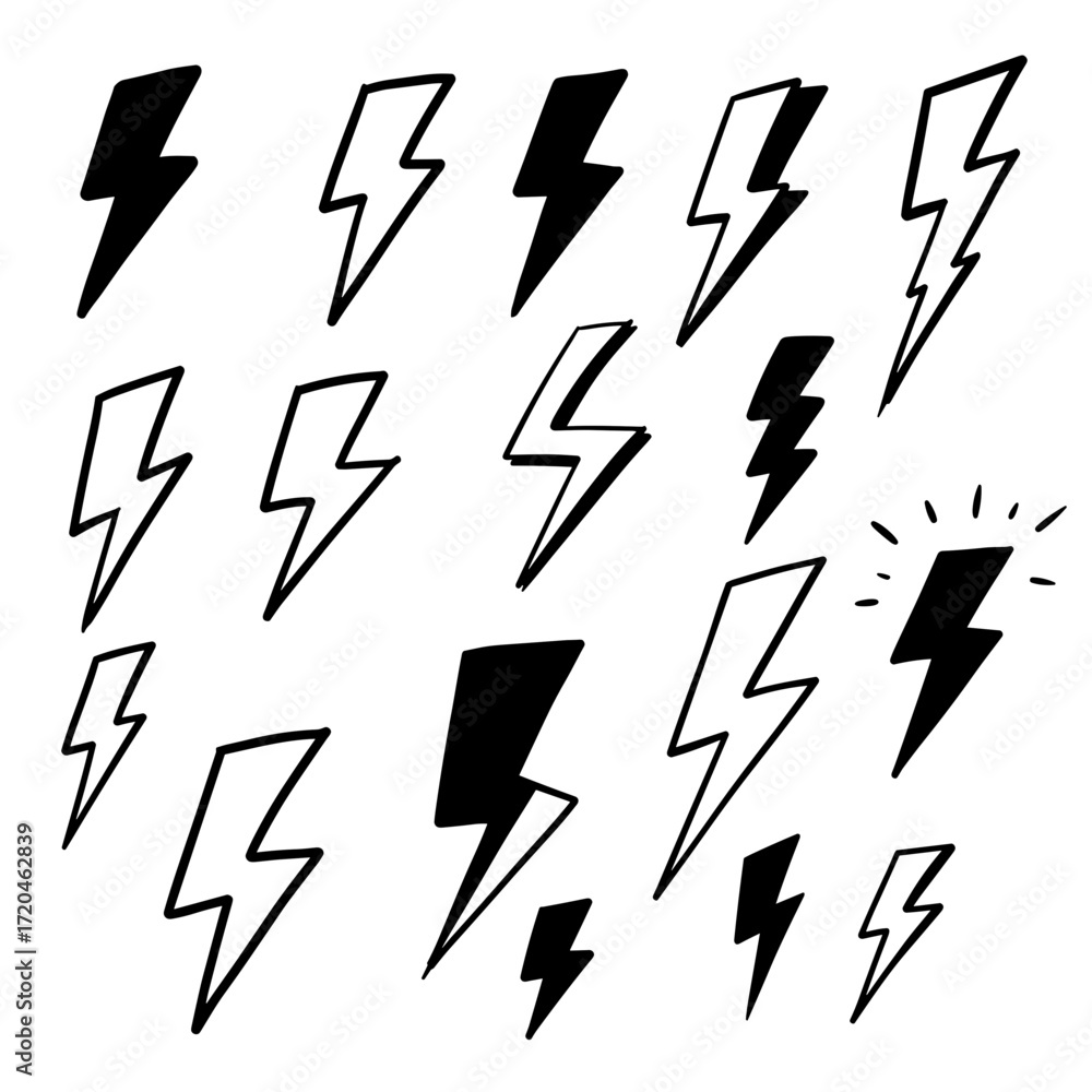 Conjunto de ícones de raio desenhados à mão em vetor preto SVG