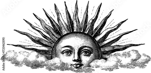 Vintage hand drawn sun illustration with radiant beams and clouds