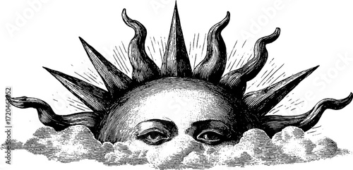 Vintage sun with stylised rays in retro engraving style for artistic design