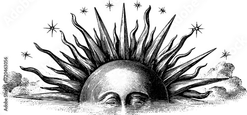Vintage engraving of a symbolic sun with stylized rays and stars