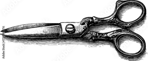 Vintage engraving of large tailor scissors with ornate handles for sewing and craft design