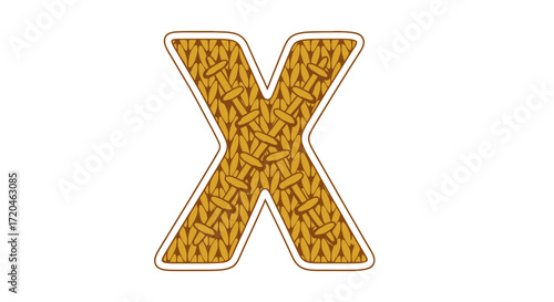 A decorative uppercase letter X, featuring a detailed woven texture that mimics natural straw or wicker. Ideal for unique typography, craft designs, and learning resources