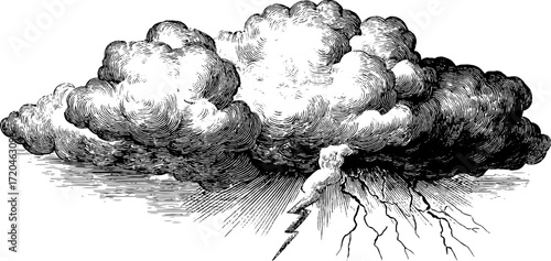 Dramatic thundercloud with lightning in vintage hand drawn style for weather illustration