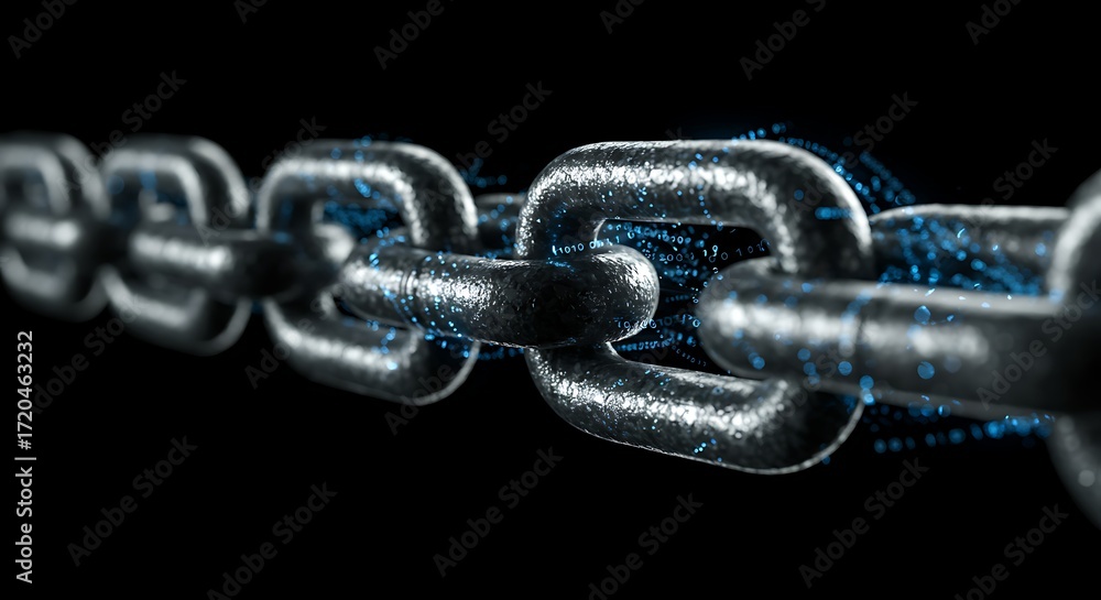 Fototapeta premium Metal Chain Links with Binary Data on Black Background