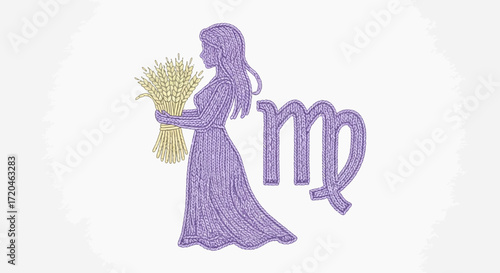 Virgo Zodiac Sign A Detailed Illustration of the Maiden with Wheat and Symbol on White