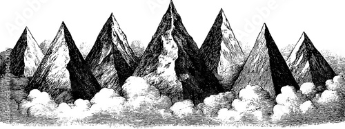 Vintage triangular mountain peaks sketch with clouds for retro design