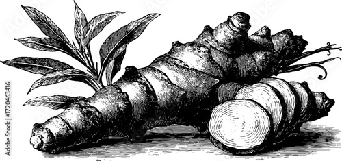 Vintage illustration of sliced turmeric root with leaves for herbal medicine design