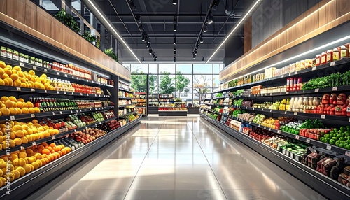 Modern Grocery Store Interior with Fresh Produce and Wide Aisles