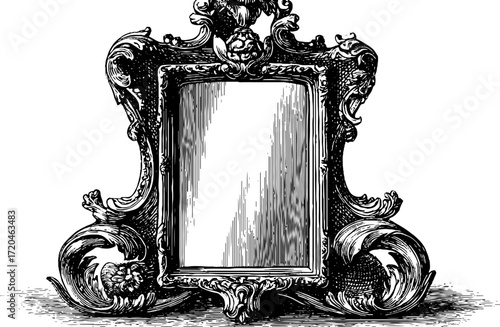 Vintage rectangular wall mirror with ornate frame - hand drawn etching illustration for interior design