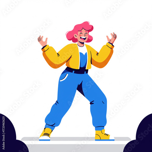 Extrovert Person Joyful woman with pink hair, arms raised in excitement and happiness, on white background
