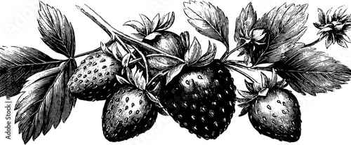 Vintage illustration of wild strawberry with leaves in retro sketch style for botanical design