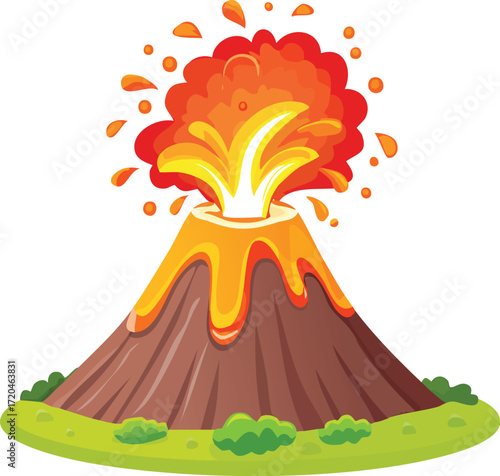 An erupting volcano with flowing lava and an ash cloud. A simple, flat design vector illustration of a natural disaster. Generative AI