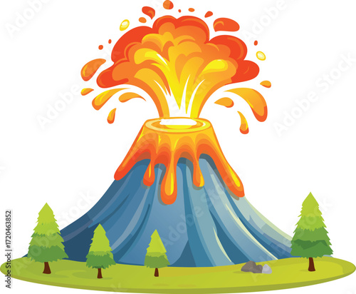 A cartoon volcano erupting with hot lava, smoke, and rocks. A vector illustration for concepts of nature, disaster, and geology. Generative AI