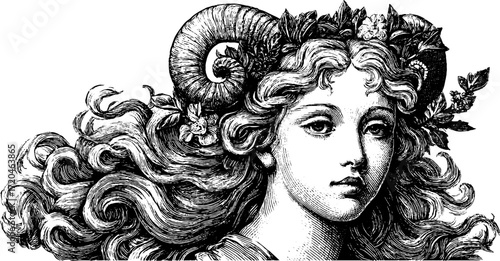 Virgo zodiac sign maiden figure with floral and horn details for astrological designs