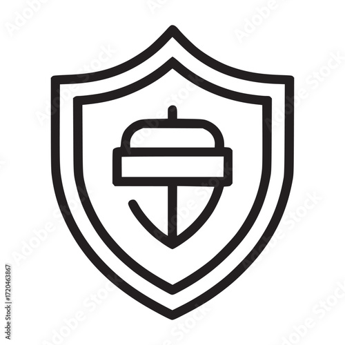 Illustration of a black and white shield with an acorn inside, the design is minimalist and modern, suitable for use in web design or mobile apps related to security