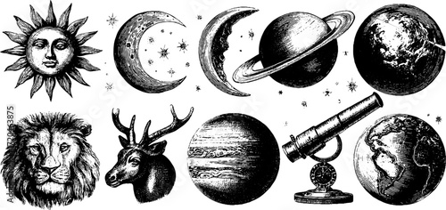 Zodiac signs and celestial bodies vintage hand drawn set for astrology design